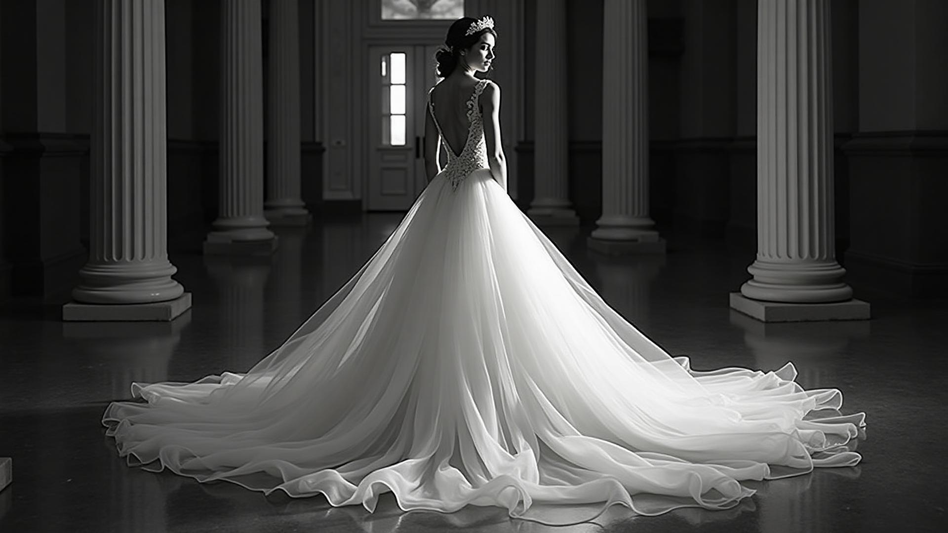 A bride standing alone in a columned hall before the ceremony